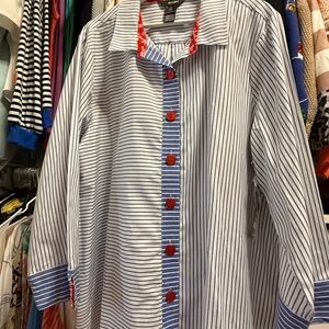 Ali Miles Blue and White Striped Shirt with Red Buttons